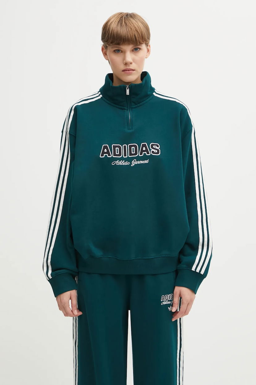 Суитчър adidas Originals Originals Quarter Zip Sweatshirt with Three Stripes and Printed Logo Зелено | KF2309