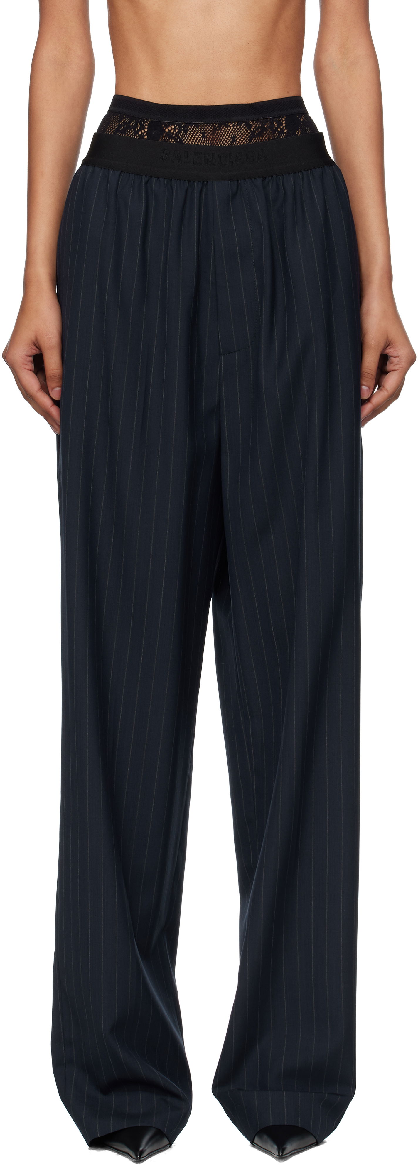 Панталони Balenciaga Balenciaga Pinstripe Elastic Trousers Тъмно синьо | 790887TST24, 0