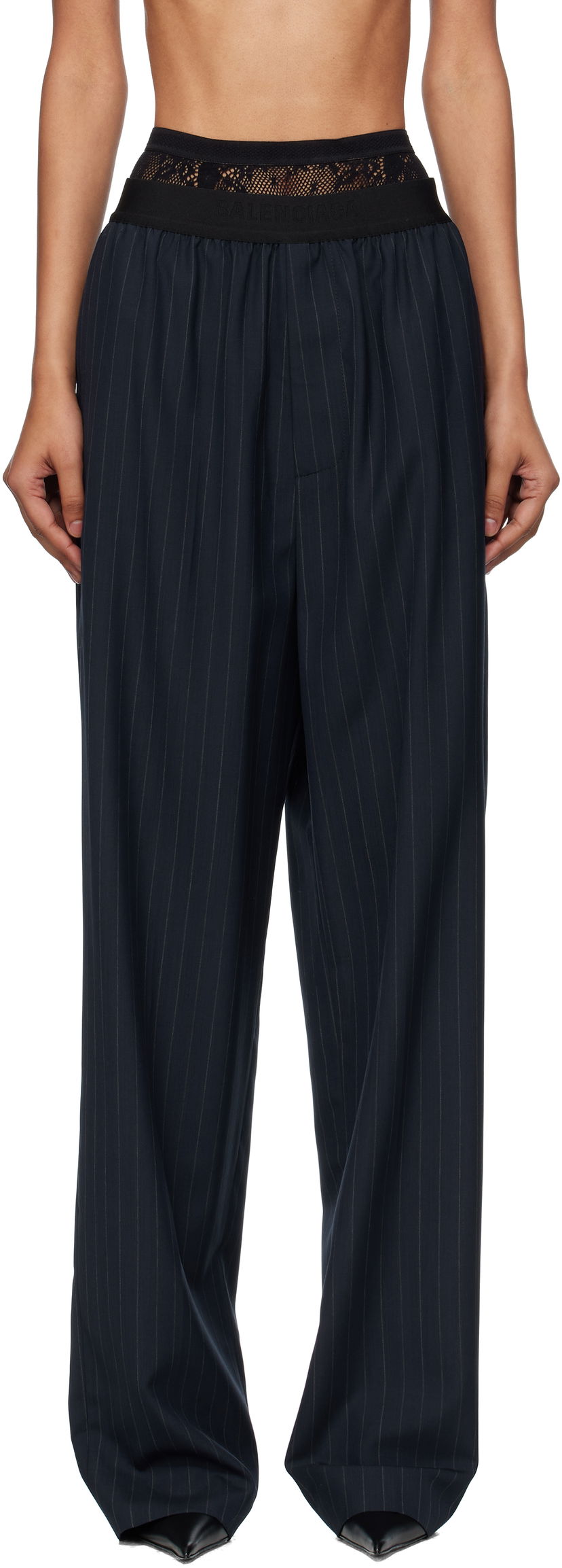 Панталони Balenciaga Balenciaga Pinstripe Elastic Trousers Тъмно синьо | 790887TST24