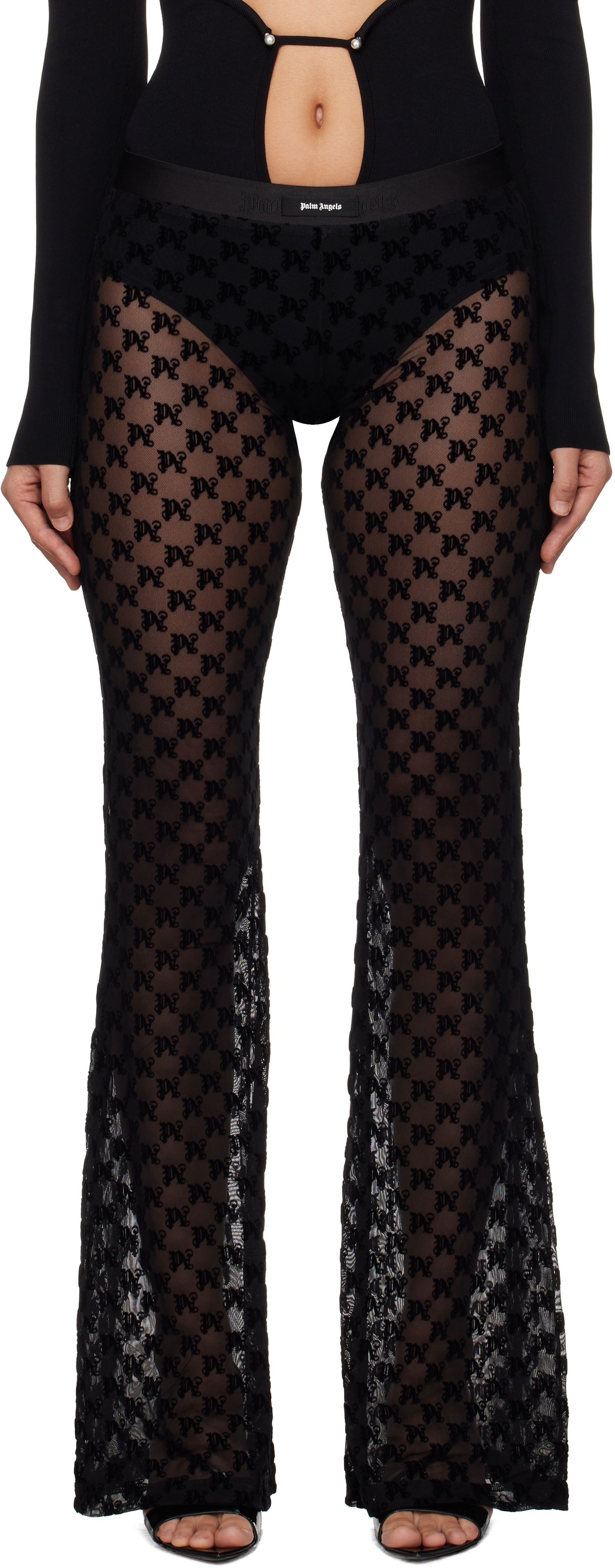 Панталони Palm Angels Monogram Tulle Trousers Черно | PWCA101F24FAB0011010, 0