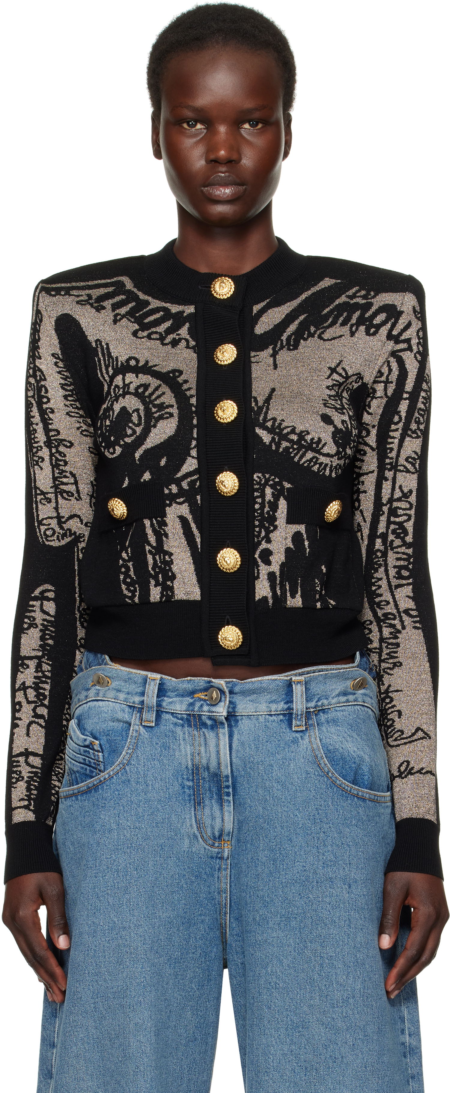 Пуловер Balmain Balmain Jacquard Knit Cardigan with Body Motif Черно | EF1KL133KH93, 0