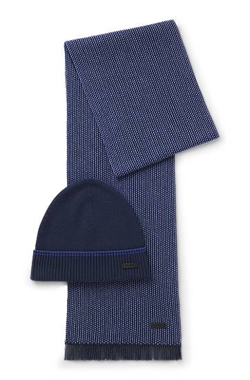 Облекло и аксесоари BOSS Knitted wool-cotton patterned scarf and ribbed beanie hat gift set Тъмно синьо | 50548858