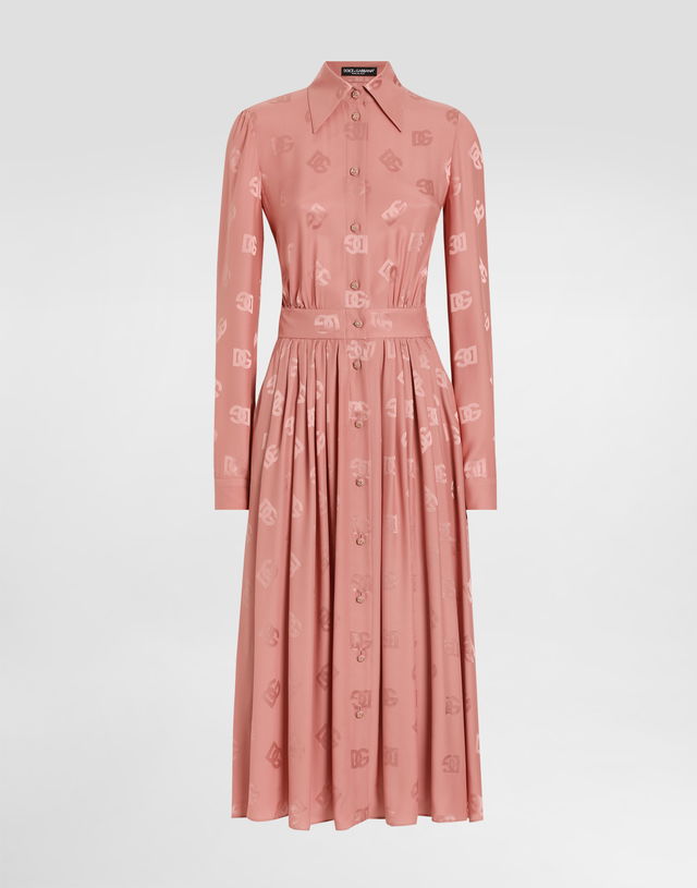 Dolce & Gabbana Silk Satin Jacquard Shirt Dress with DG Logo