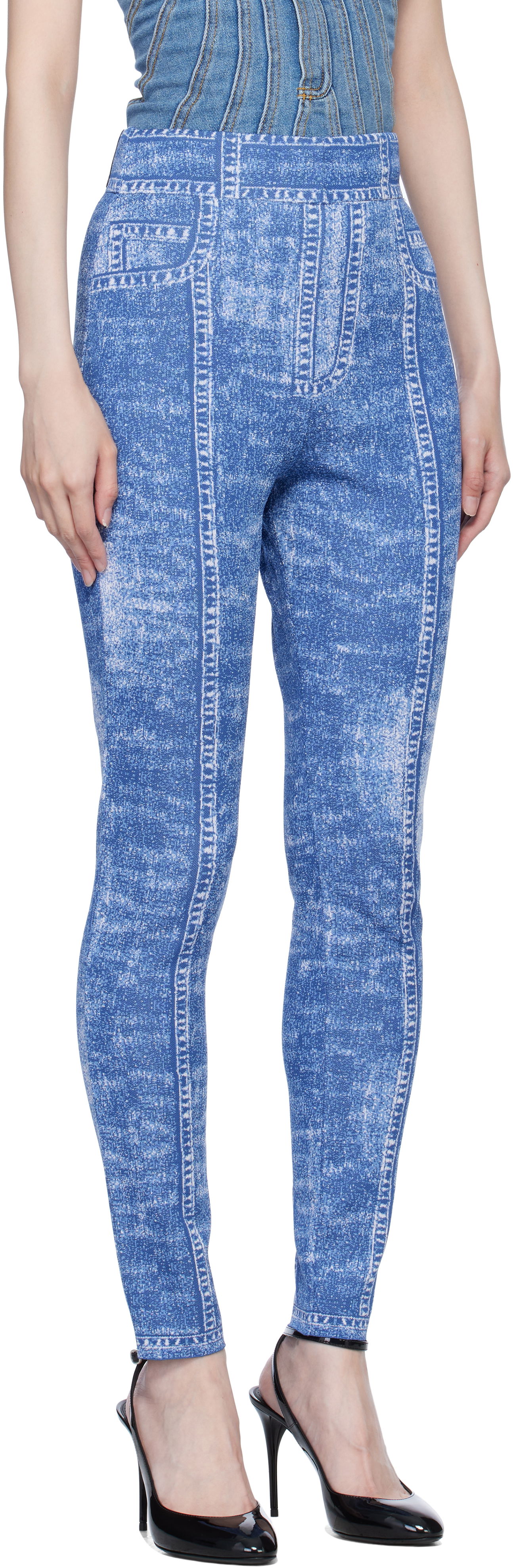 Клинове Balmain Denim Effect Knit Leggings Синьо | EF1PD185KH80, 1