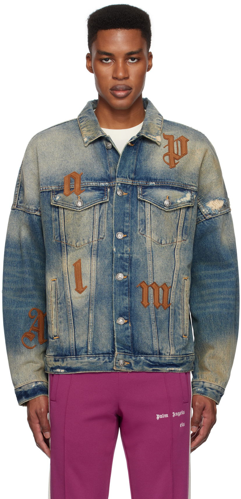 Яке Palm Angels Oversize Logo Patches Denim Jacket Синьо | PMYE006F24DEN0014564