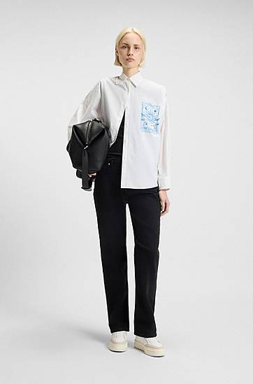 Риза BOSS Oversized-fit Blouse in Cotton with Tarot Prints Бяло | 50550270, 1