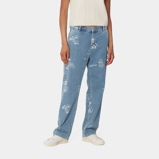 Stamp Print Bleached Denim Pants