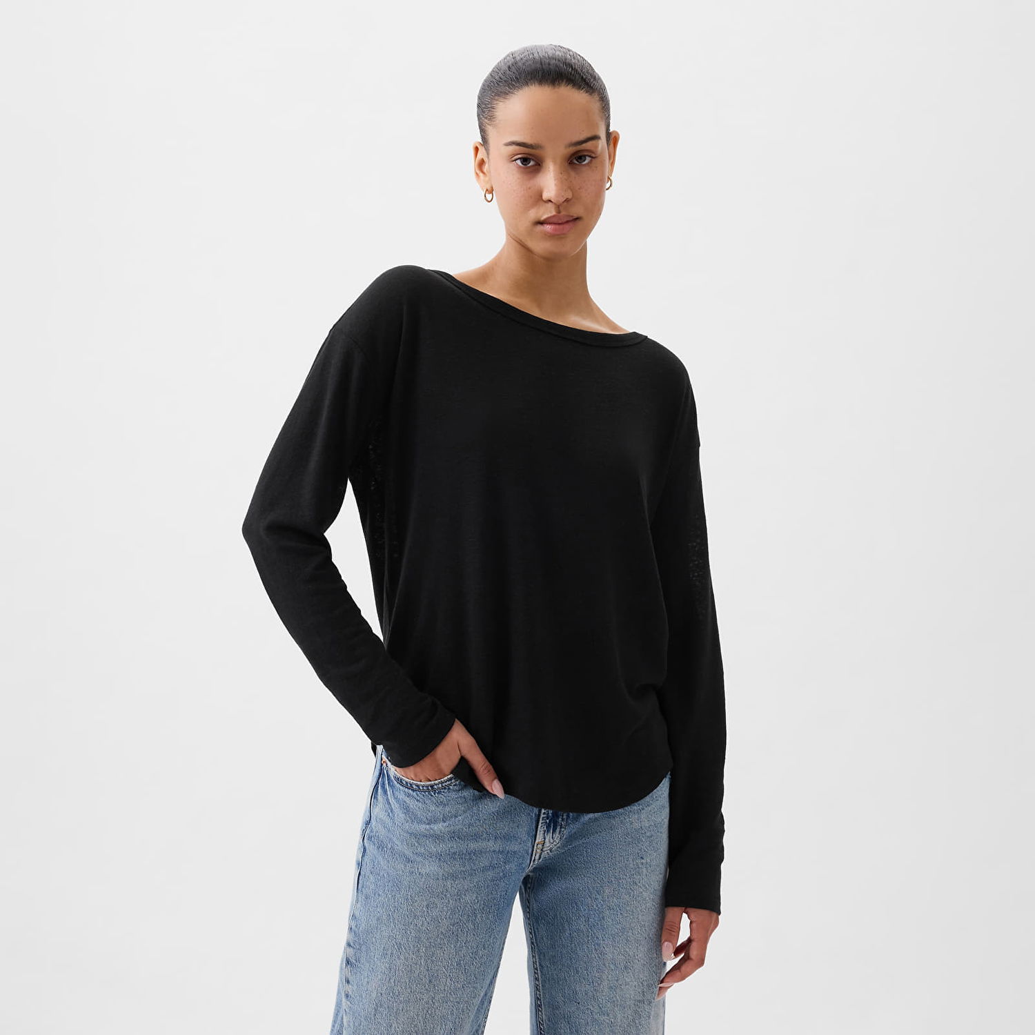 Тениска GAP Top Longsleeve Linen Blend Boatneck Top Black Черно | 878218-01, 0