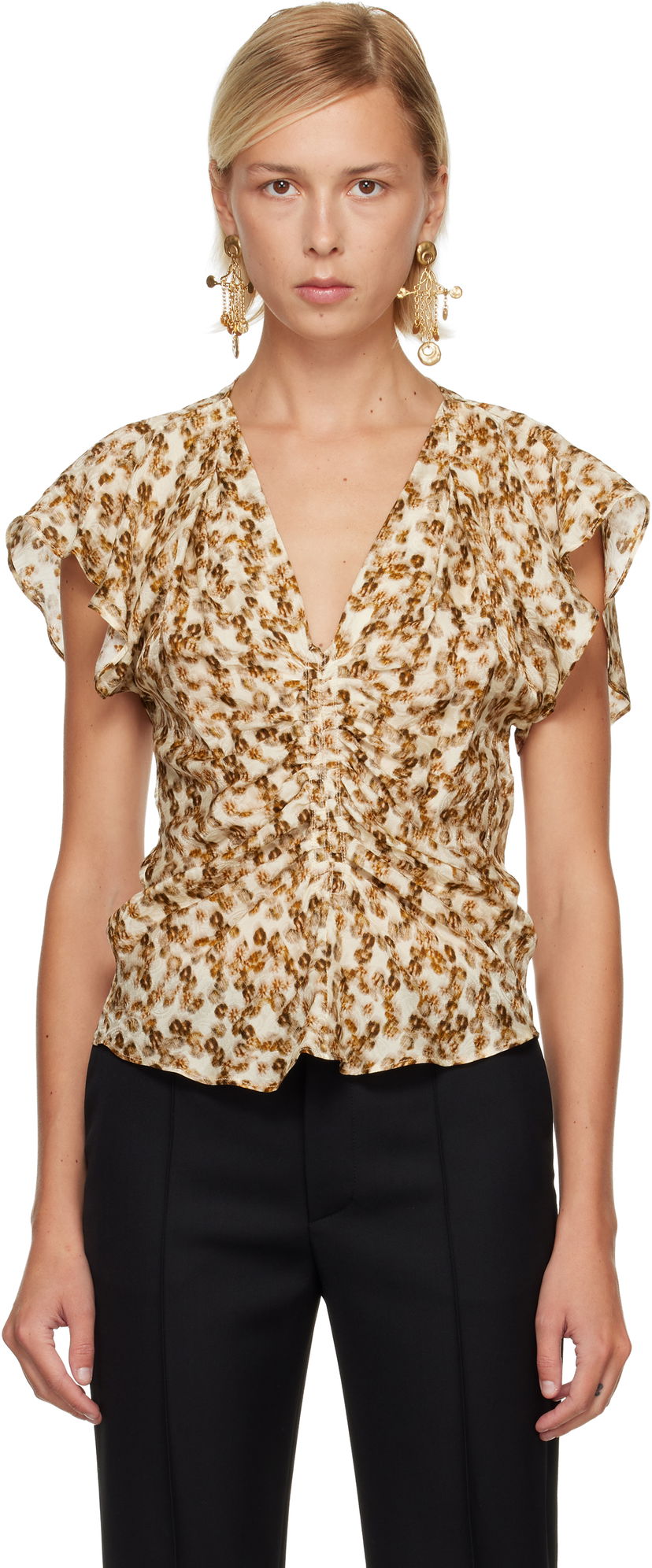 Риза ISABEL MARANT Lonea Ruched V-Neck Blouse Многоцветен | HT0228FA-C3J10I