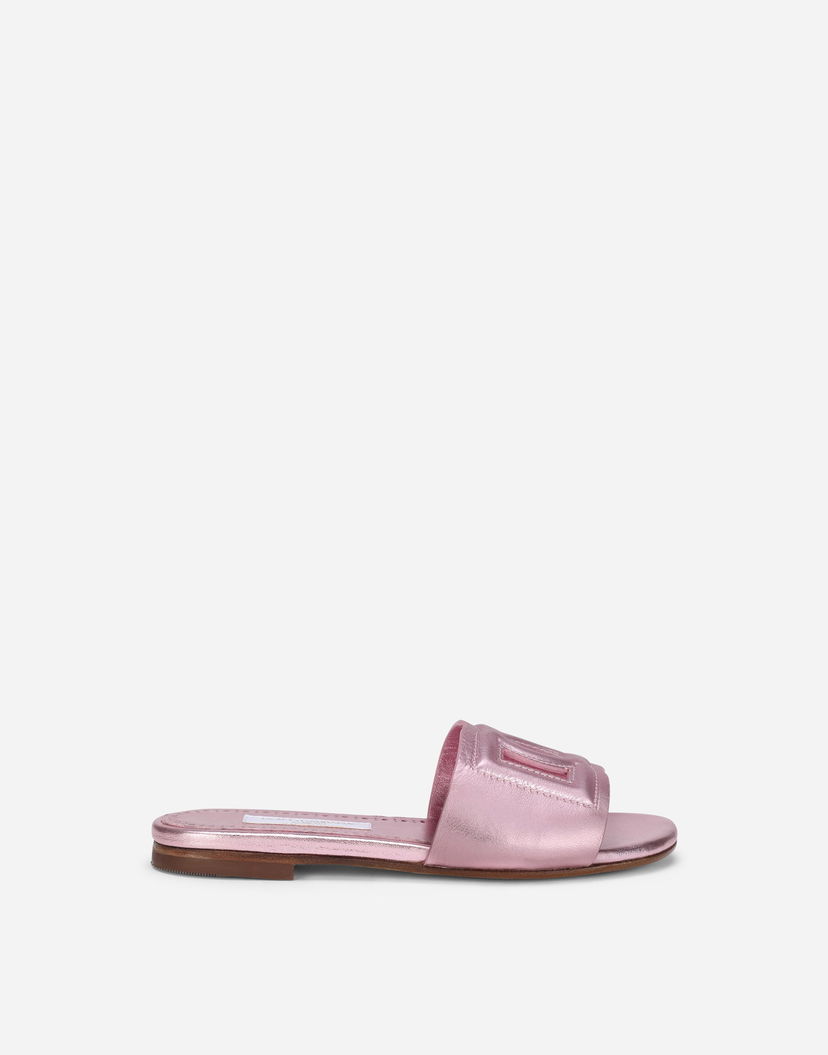 Кецове и обувки Dolce & Gabbana Flat Metallic Leather Monogram Slide Sandals Розово | D11032A54398M305