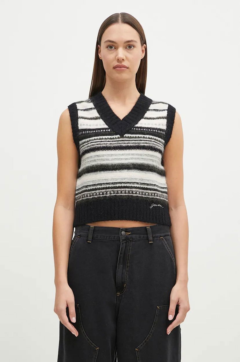 Пуловер GANNI Wool Stripe Vest Черно | K2327