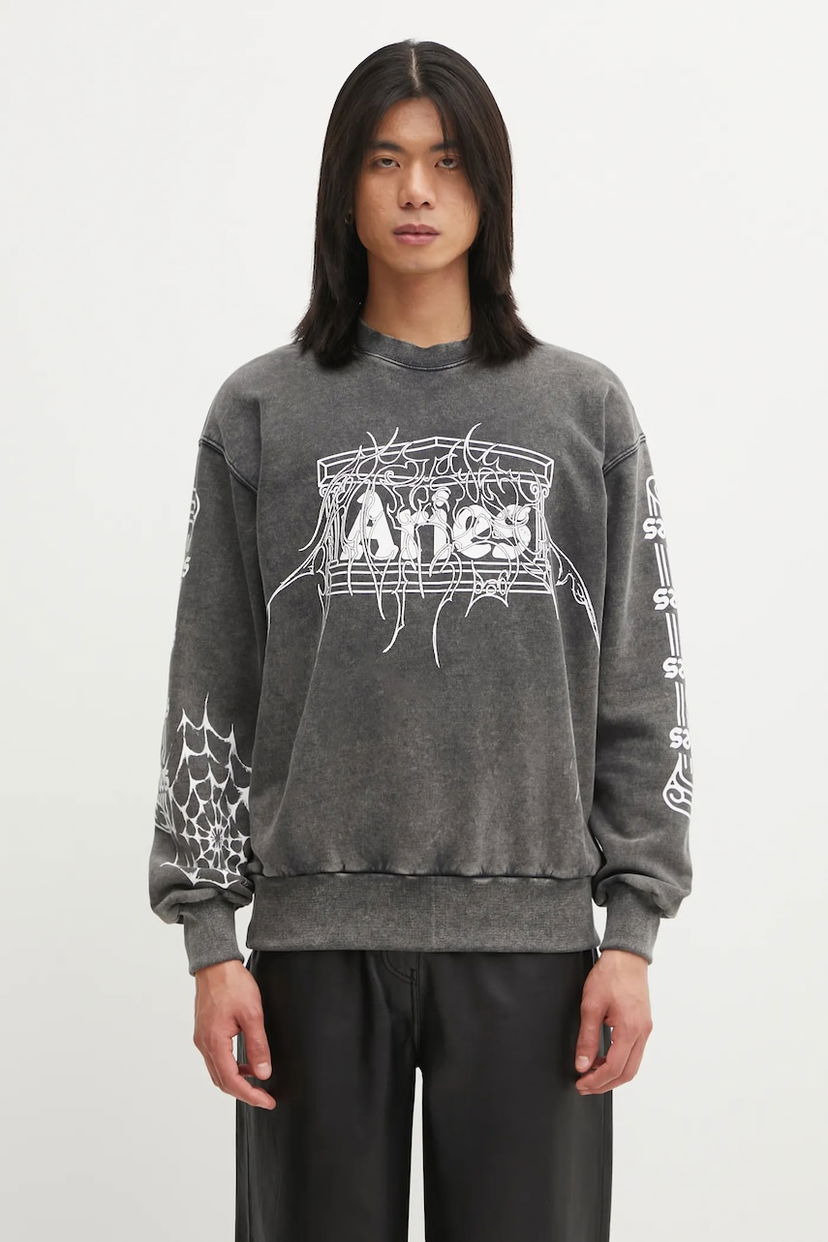 Суитчър Aries Overlord Patterned Distressed Wash Sweatshirt with Spiderweb Graphic Сиво | AR2003604