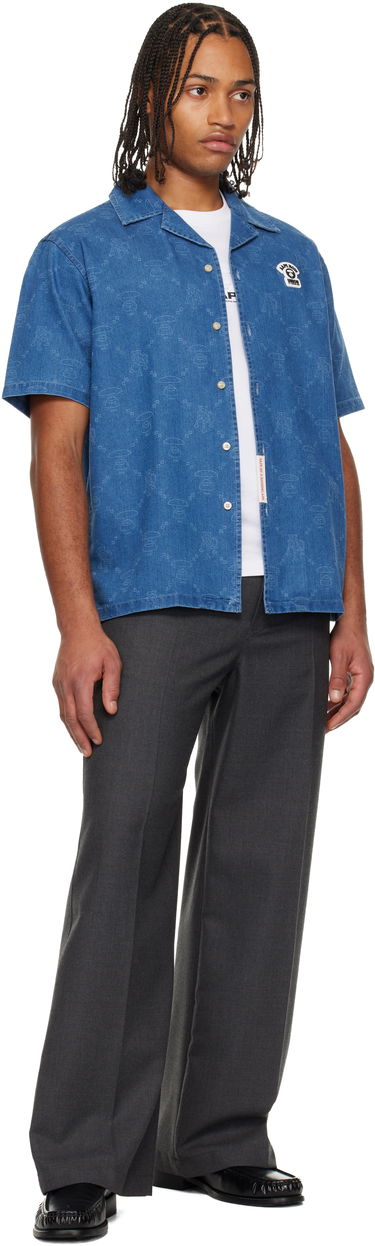 Риза AAPE by A Bathing Ape AAPENOW Moonface Monogram Short Sleeve Camp Collar Shirt Синьо | AAPSRM8526XXNBLX, 3