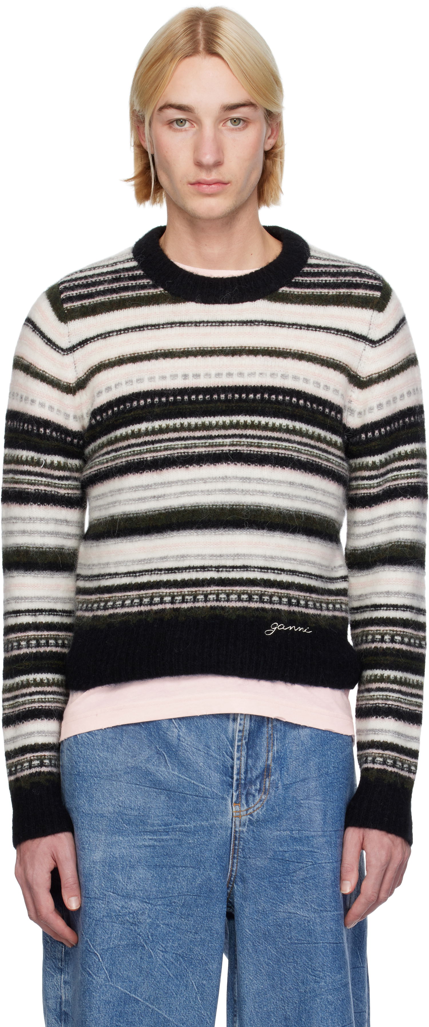 Пуловер GANNI Striped Cropped Knit Sweater Черно | K2391, 0
