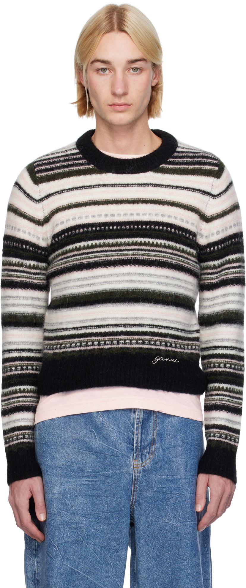 Пуловер GANNI Striped Cropped Knit Sweater Черно | K2391