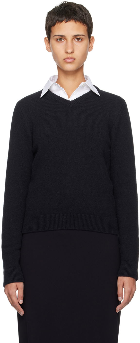 Пуловер The Row The Row Enrica V-Neck Knit Sweater Тъмно синьо | 7633-F377, 0