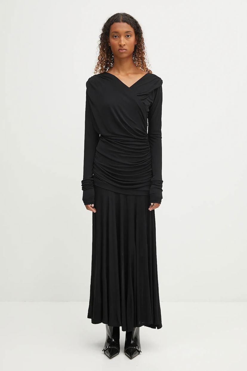 Pокля GANNI GANNI Interlock Jersey Crossover Ruched Maxi Dress Черно | T4213