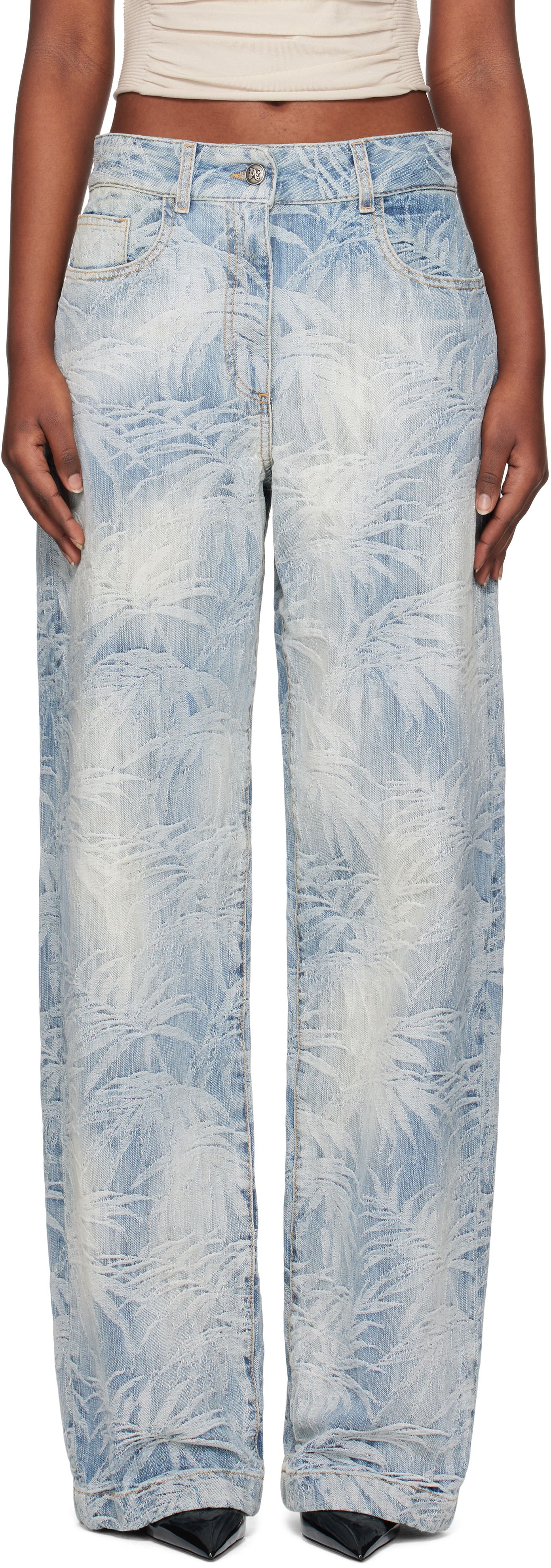 Дънки Palm Angels Palm Angels Palms Jacquard Loose Jeans Синьо | PWYB041S25DEN0024440, 0