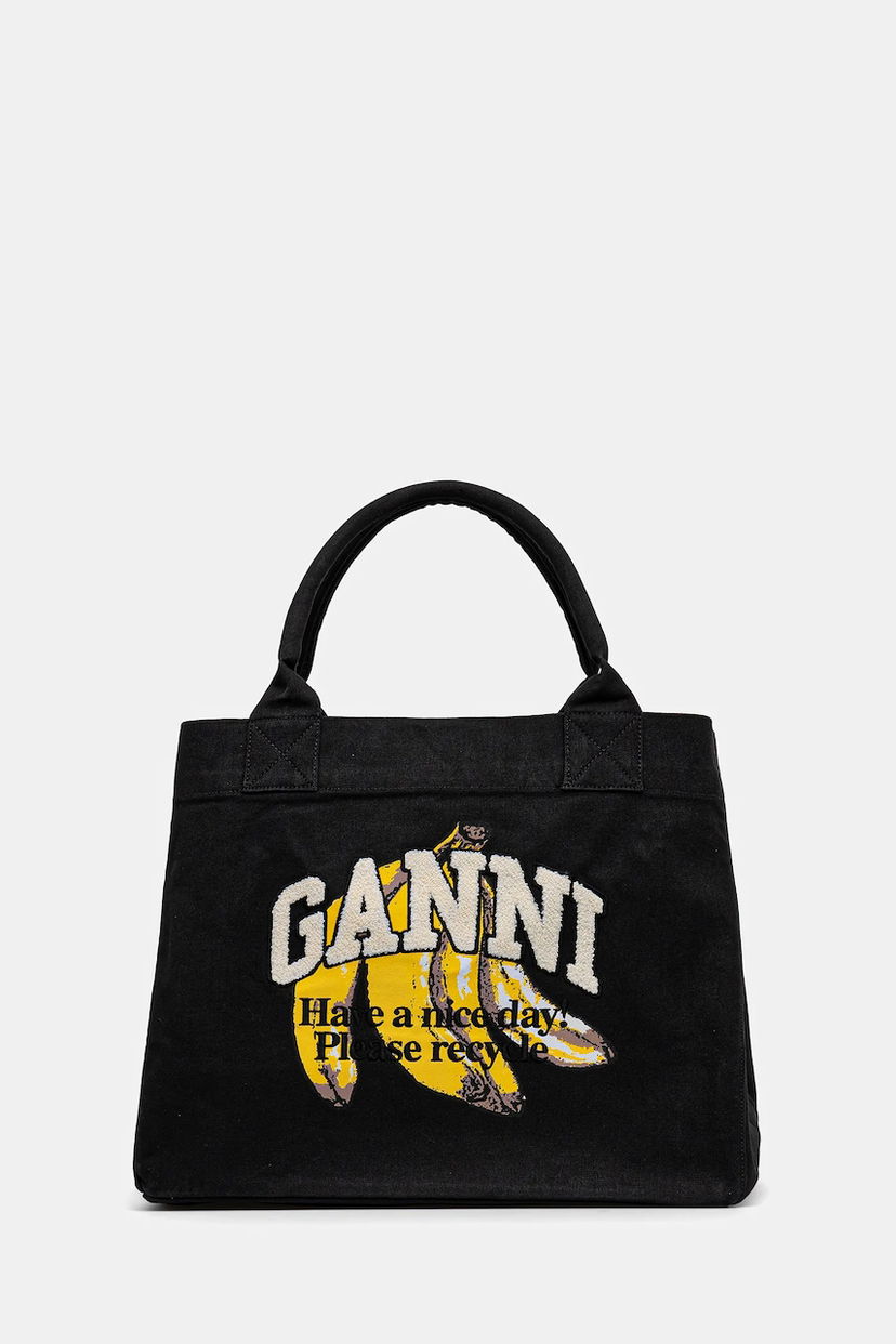 Голяма пазарска чанта GANNI GANNI Shopper XXL Pocket Banana Print Tote Bag Черно | A6896