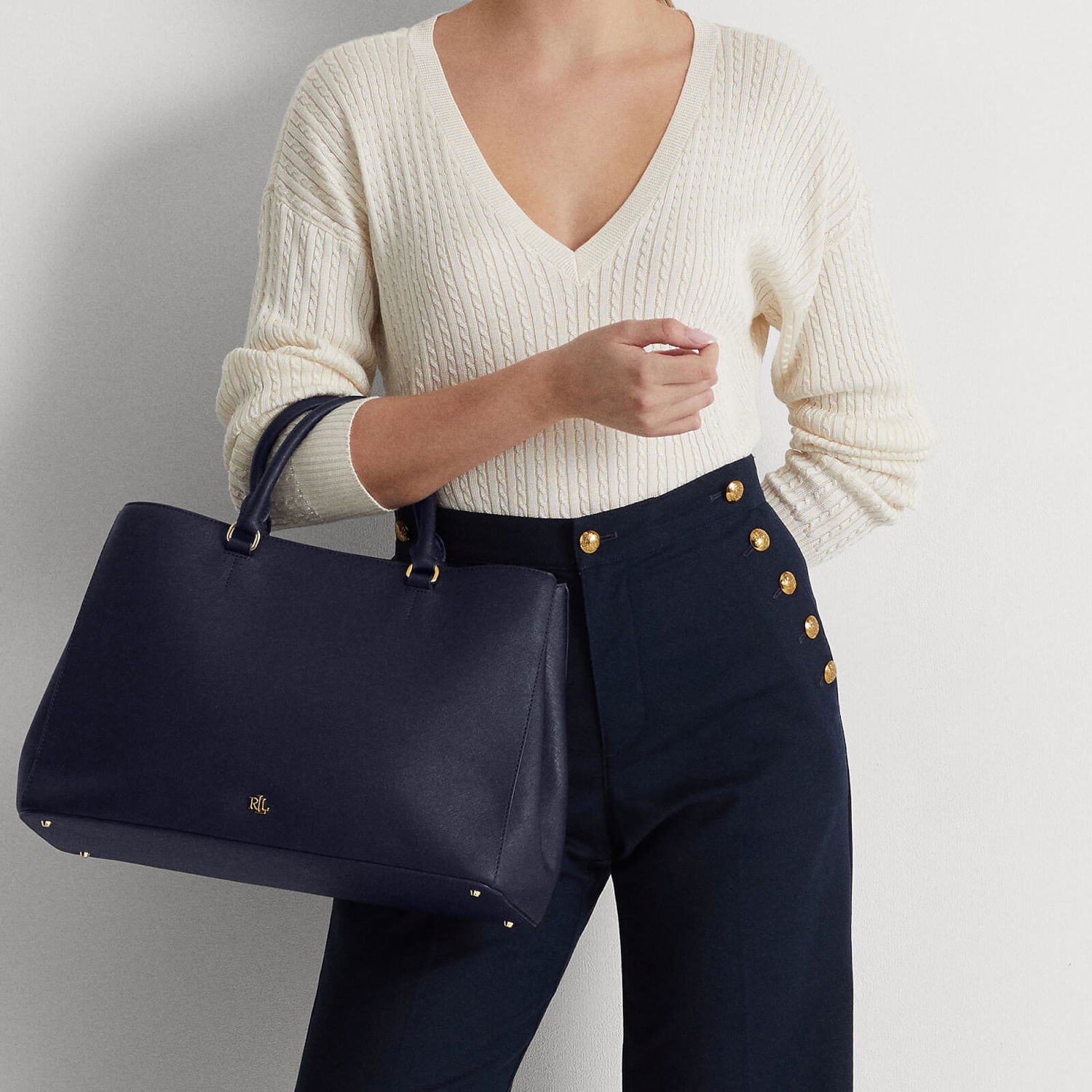 Голяма пазарска чанта Polo by Ralph Lauren Lauren Ralph Lauren Hanna Leather Satchel Тъмно синьо | 431898556001, 1