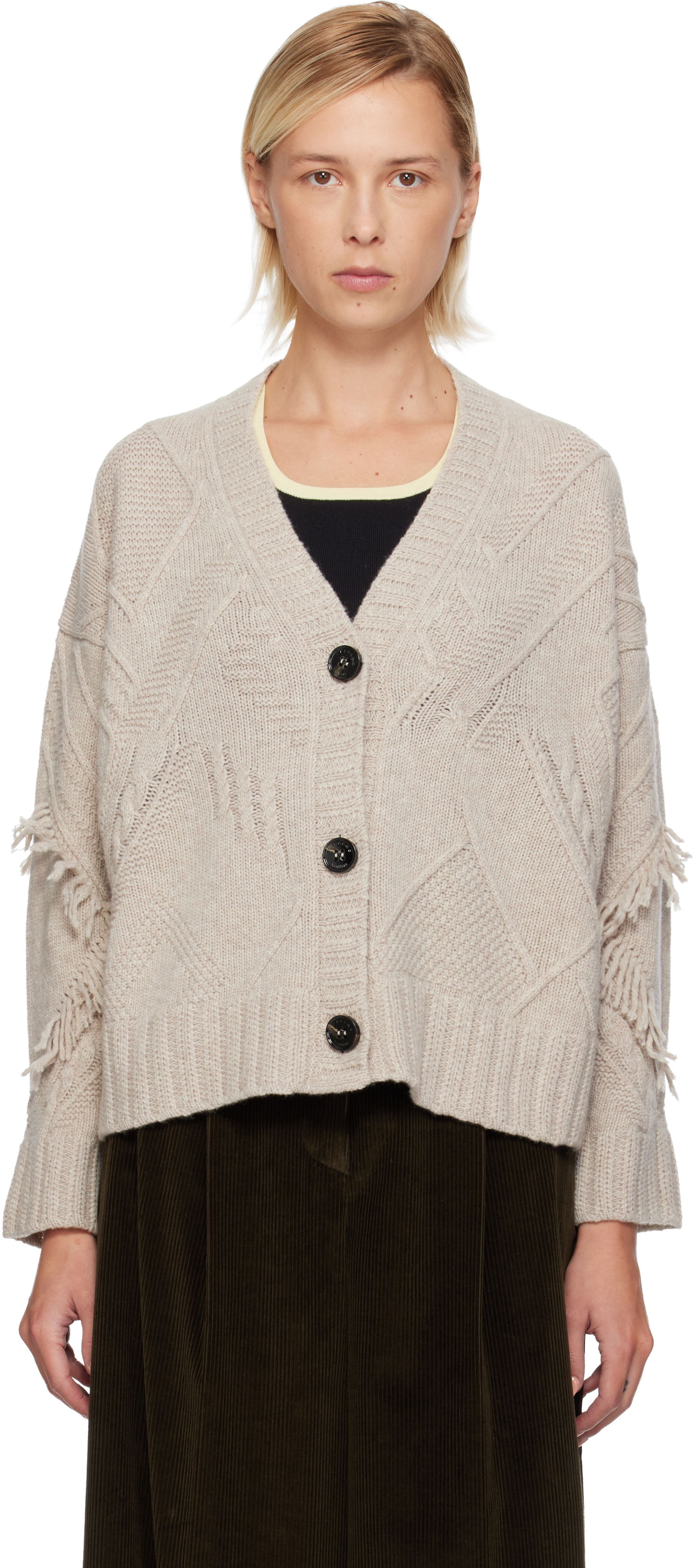 Пуловер Max Mara Weekend Max Mara Stallo V-Neck Fringe Knit Cardigan Бежово | 2525346052600, 0