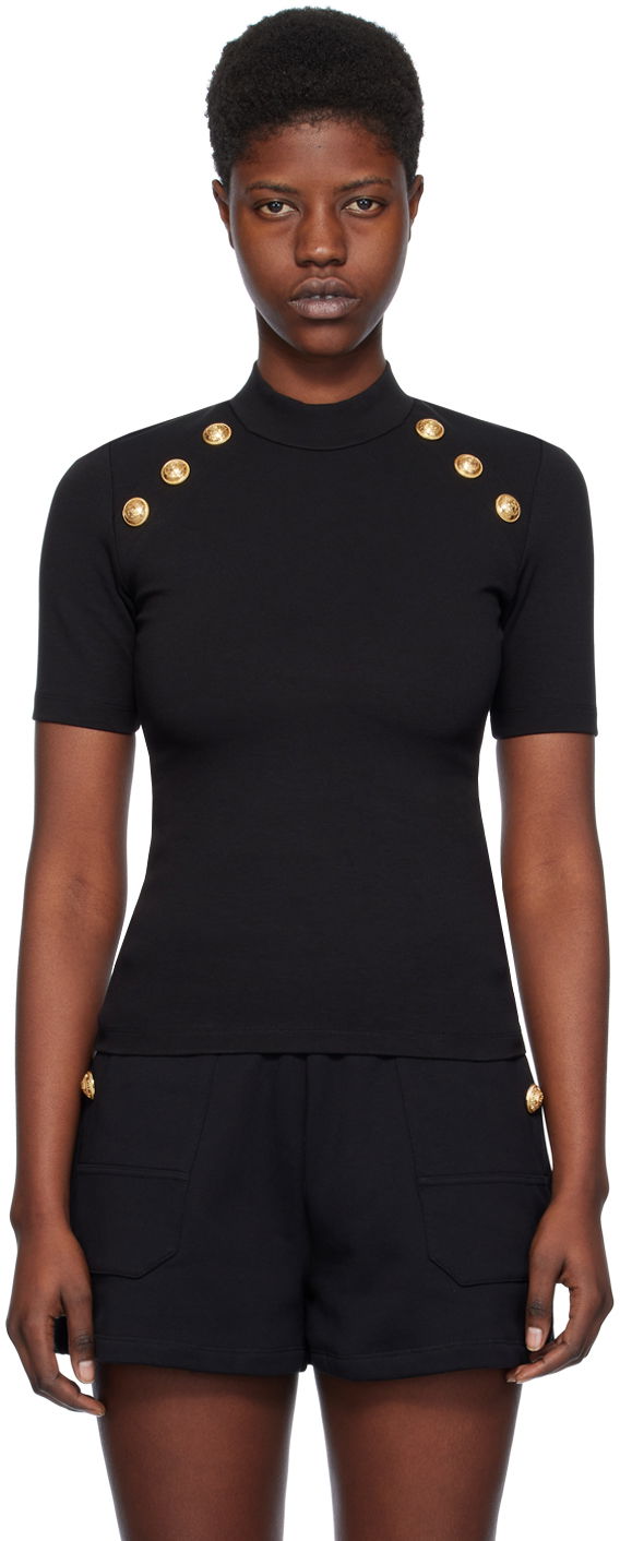 Тениска Balmain Mock Neck T-Shirt Черно | CF1EF090JH30