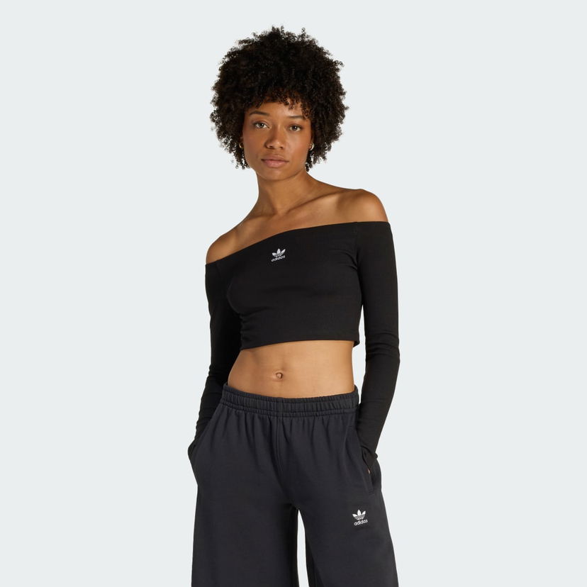 Съкратен топ adidas Performance ESSENTIALS Rib Off Shoulder Long Sleeve Crop Top Черно | KE3150