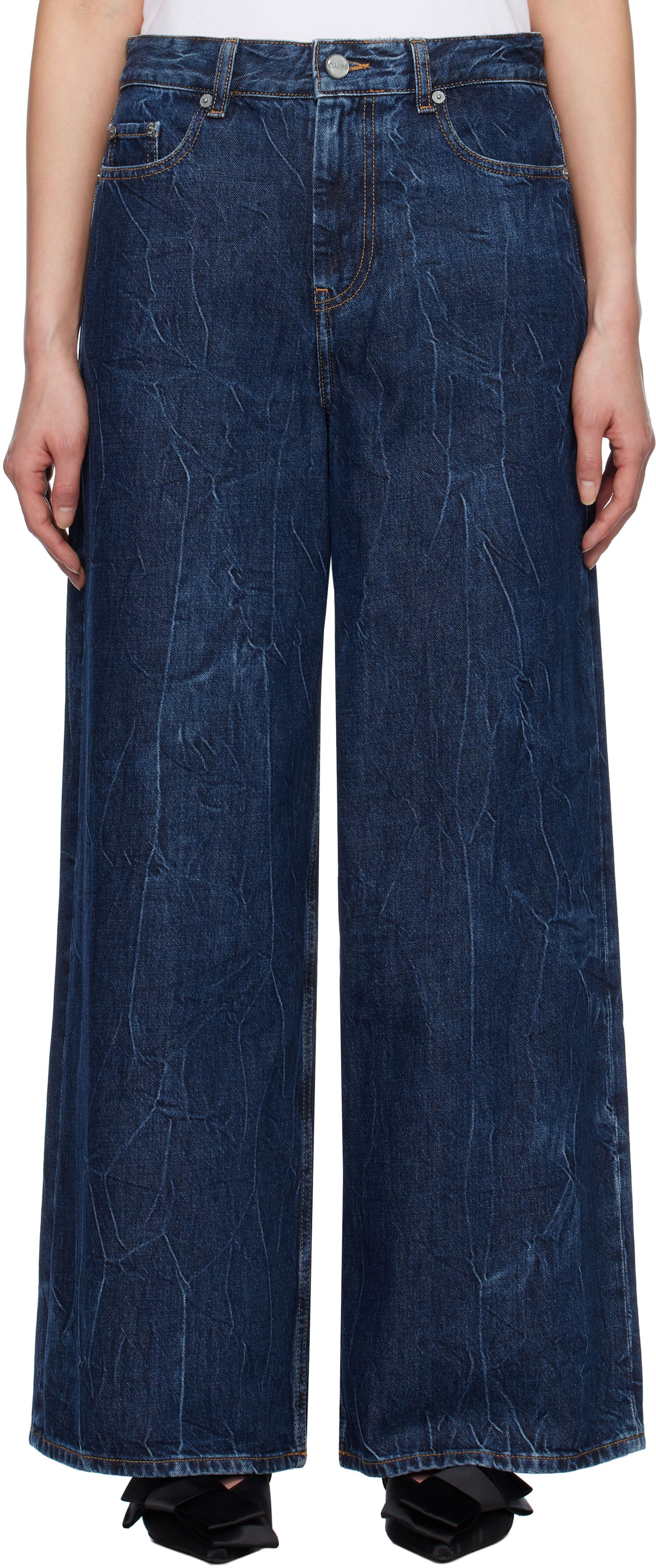Дънки GANNI GANNI Crinkled Future Denim Marri Wide-Leg Jeans Синьо | J1593, 0