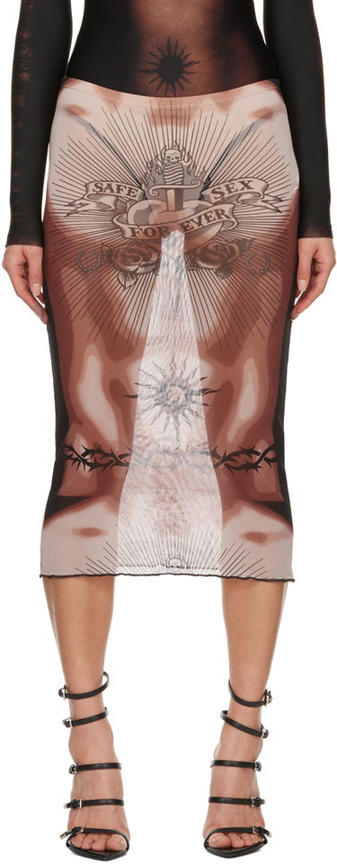 Пола Jean Paul Gaultier Jean Paul Gaultier 'Safe Sex Forever' Print Mesh Midi Skirt Кафяво | 23/15-F-JU065-T538-636000, 0