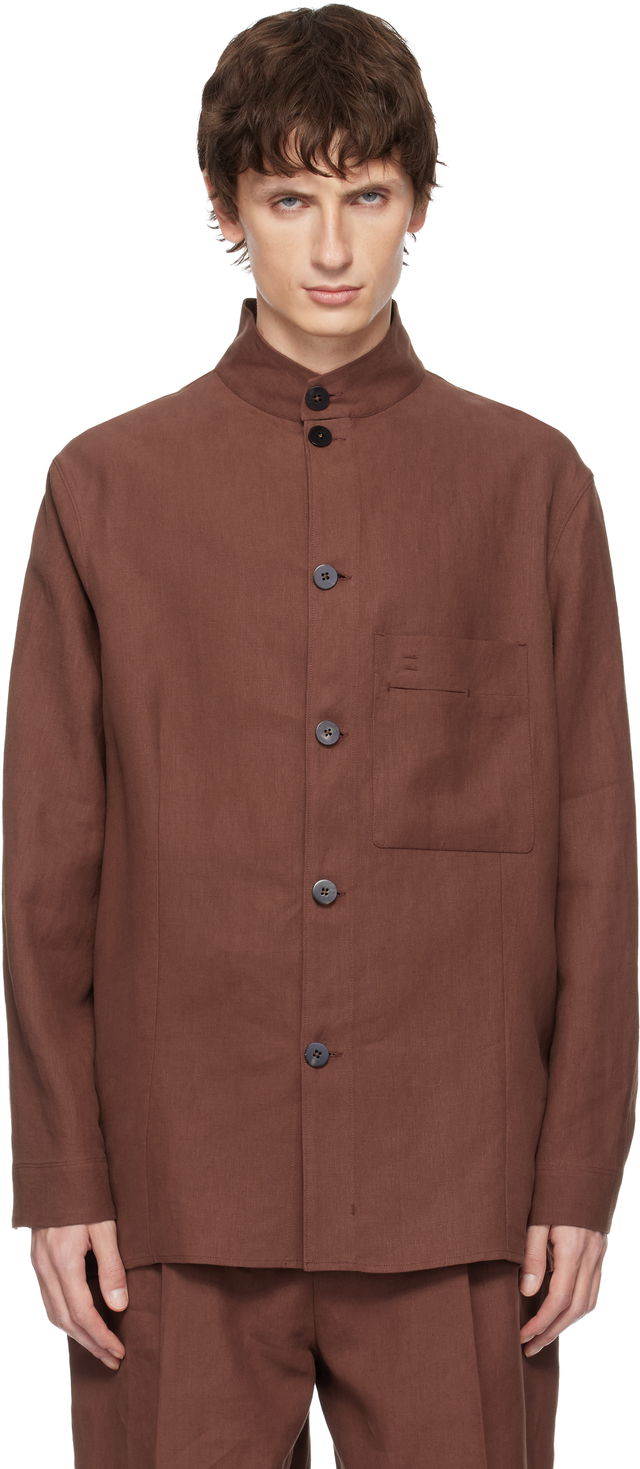 Standing Collar Button-Front Overshirt with Chest Pocket