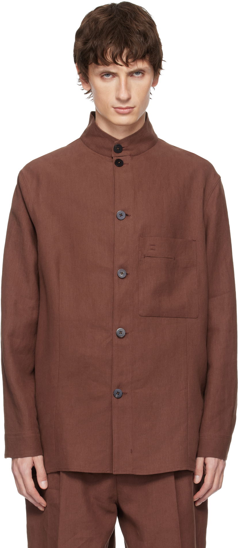 Яке ZEGNA Standing Collar Button-Front Overshirt with Chest Pocket Кафяво | 973C58A9 SON95
