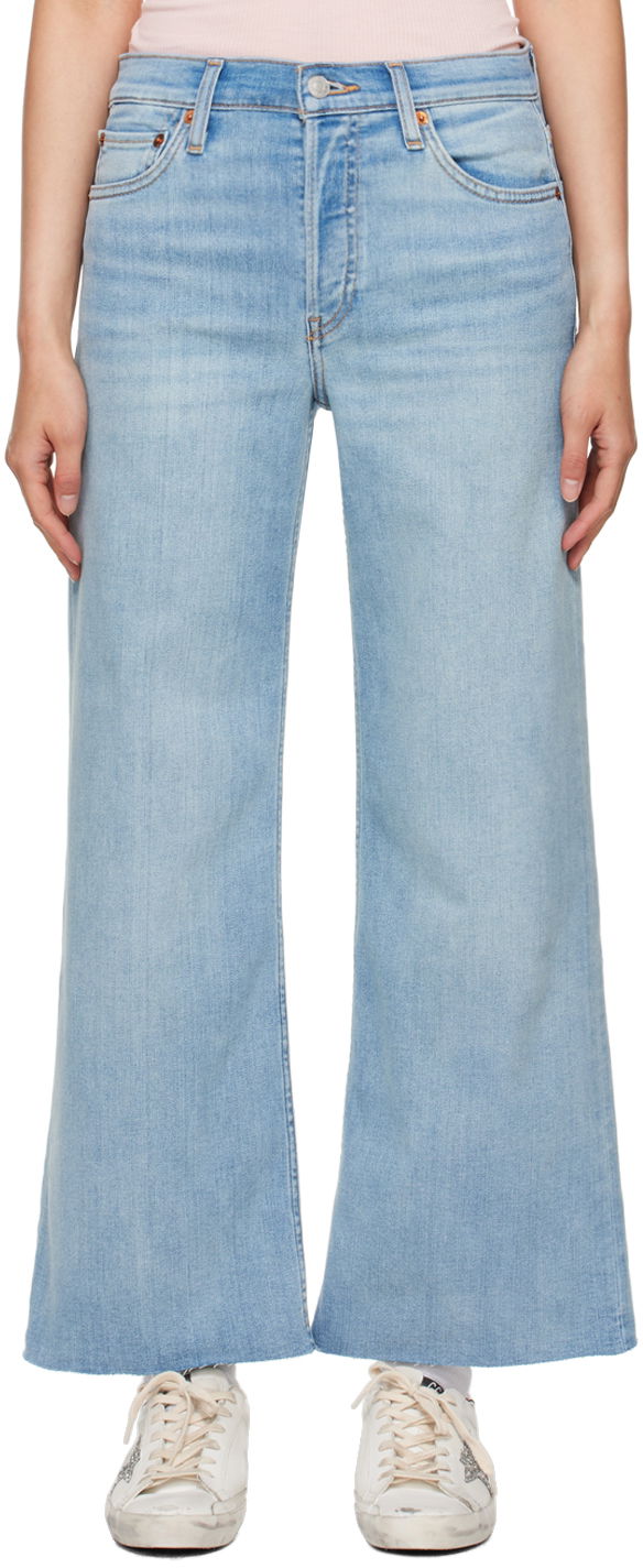 Blue Mid Rise Wide Leg Crop Jeans