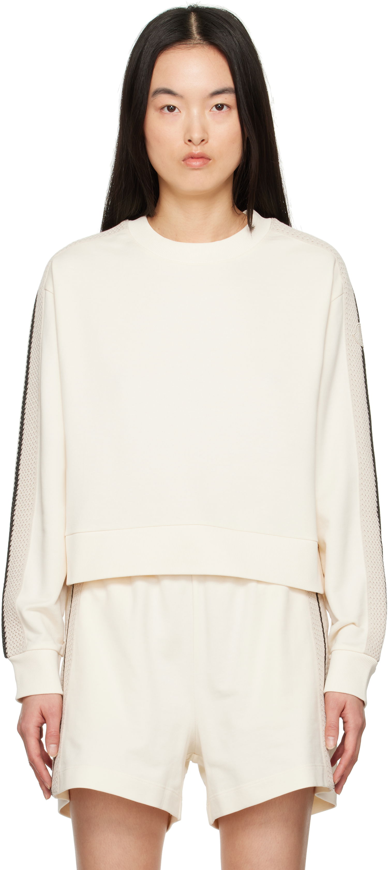 Пуловер Moncler Moncler Cropped Sweatshirt with Striped Trim Бяло | K10938G0003389A1K, 0