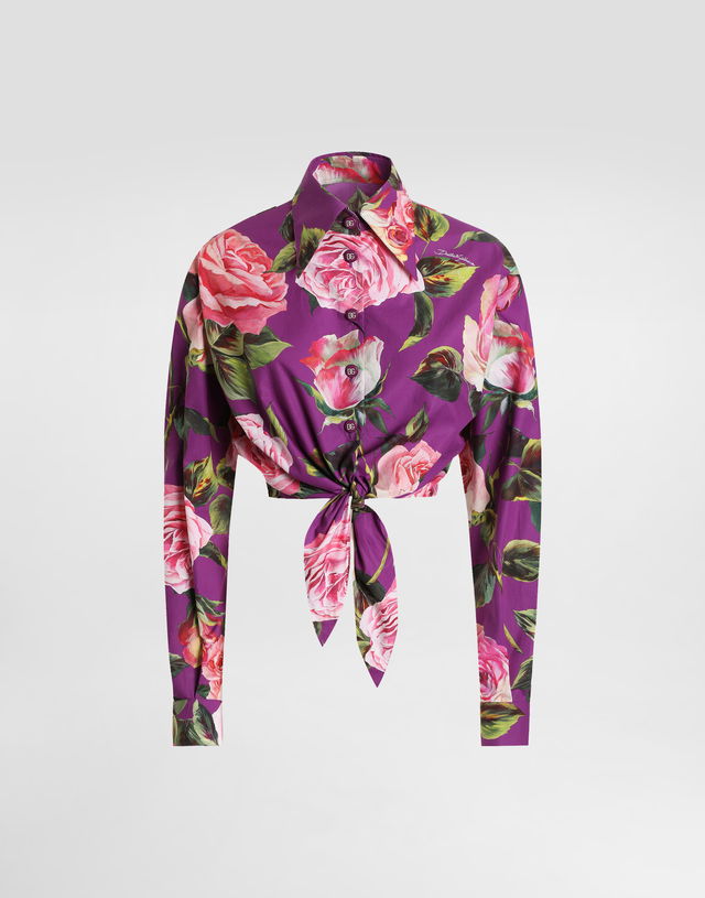 Dolce & Gabbana Rose Print Tie-Front Cropped Shirt