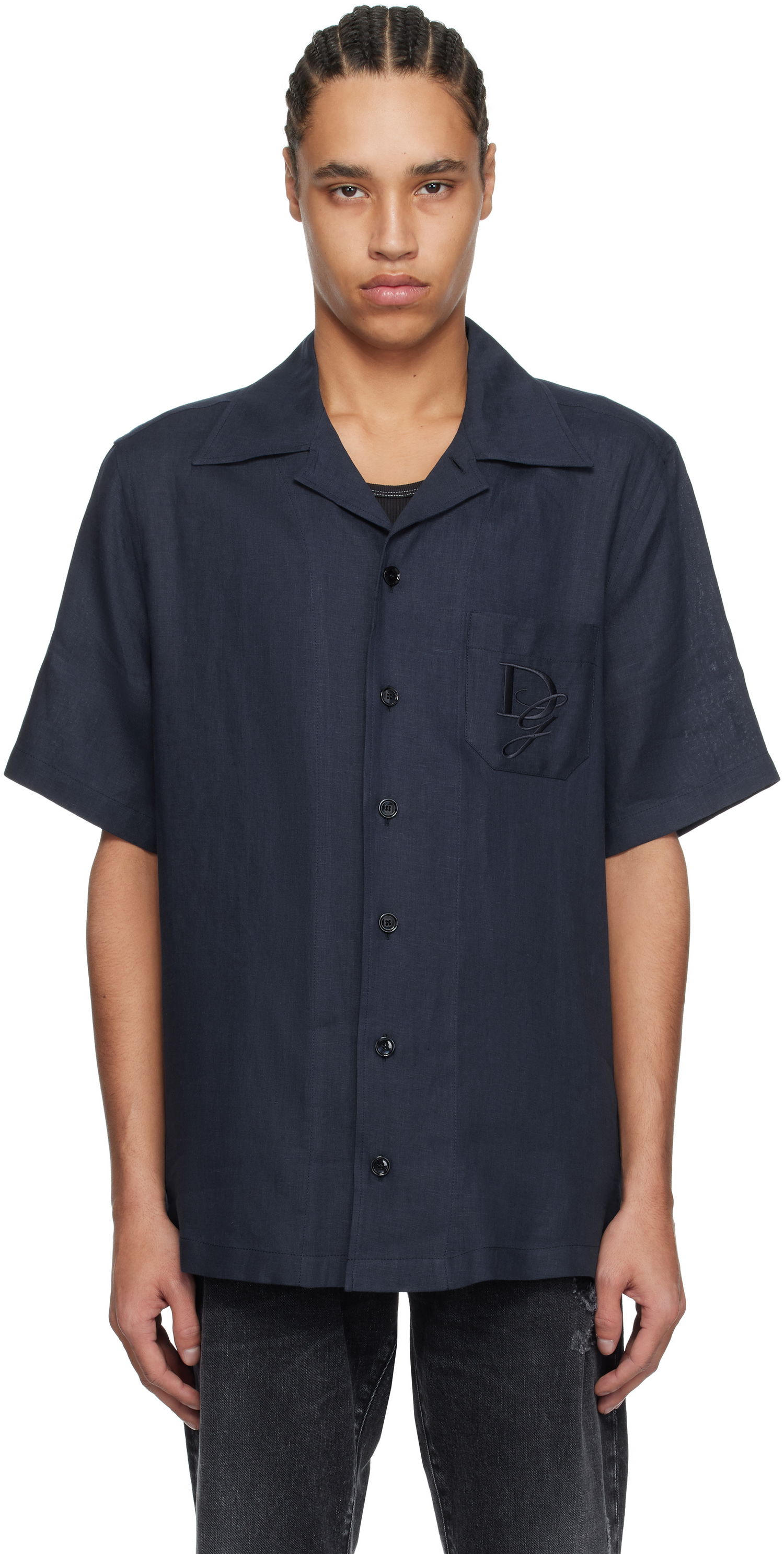 Риза Dolce & Gabbana Dolce&Gabbana Logo Embroidered Linen Resort Shirt Тъмно синьо | G5JH9ZFU4LG, 0