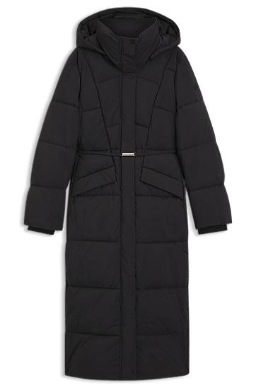 Long-length padded coat with metallic belt detail