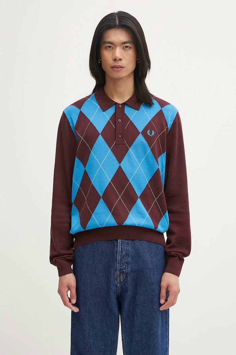 Поло тениска Fred Perry Fred Perry Argyle Knitted Long Sleeve Polo Кафяво | K1318