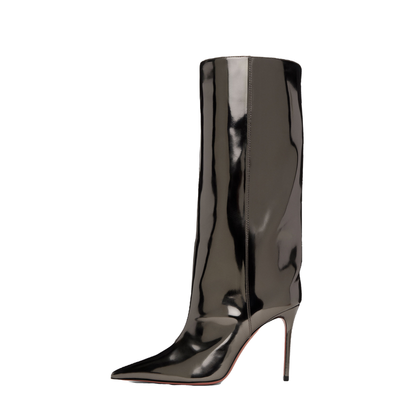 Кецове и обувки Amina Muaddi Fiona 95 Metallic Leather Tall Boots Черно | FIONA BOOT 95