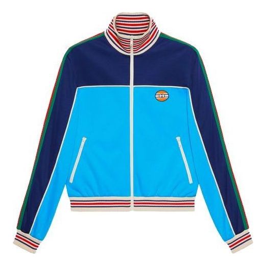 Суитчър Gucci Technical Jersey Zip-Up Jacket With Web Синьо | 645206-XJC5N-4233