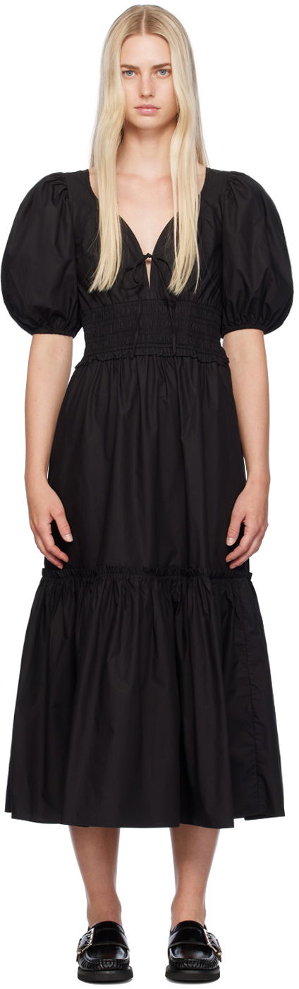 Pокля GANNI Shirred Puff Sleeve Maxi Dress Черно | F9346, 0