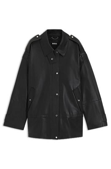 Яке BOSS Long-length biker jacket in leather Черно | 50544445