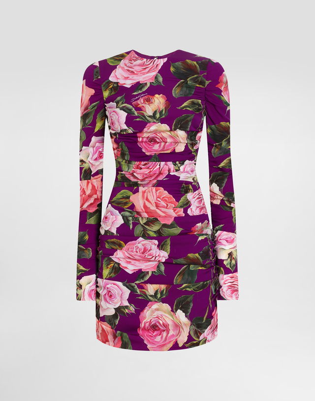 Dolce & Gabbana Charmeuse Rose Print Sheath Mini Dress with Draping