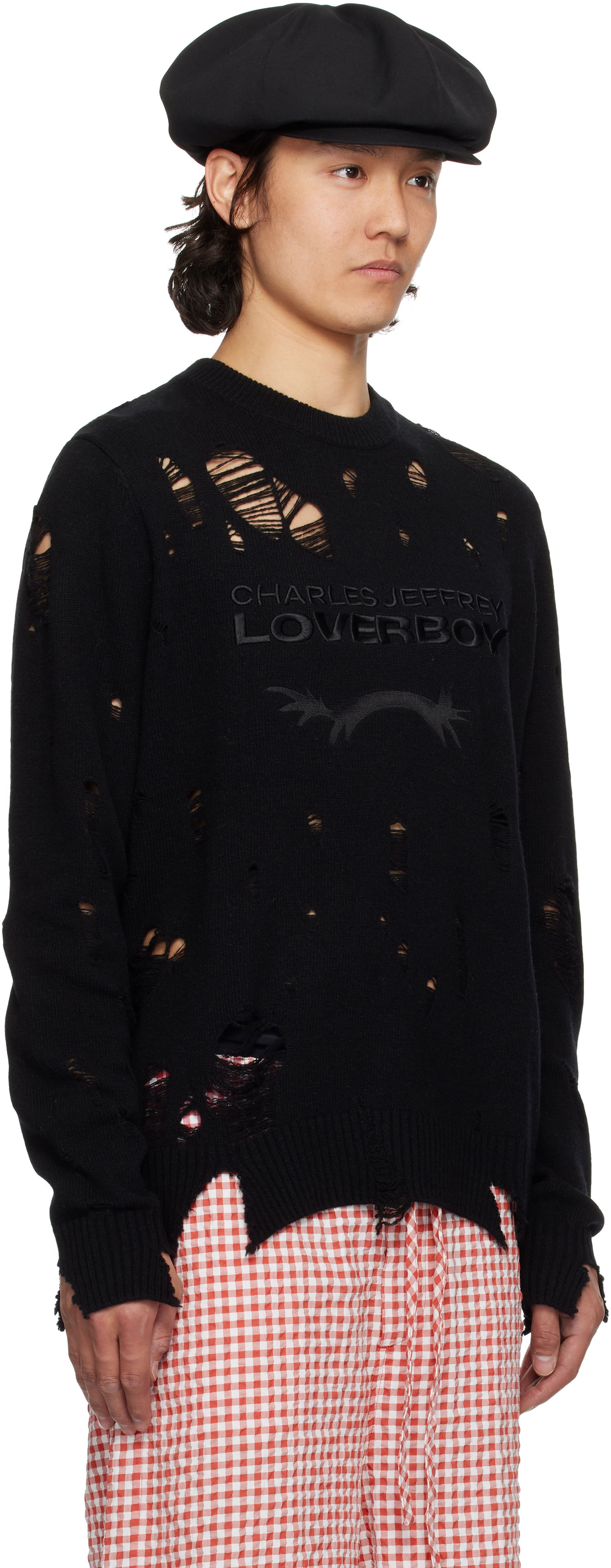 Пуловер Charles Jeffrey Loverboy Charles Jeffrey LOVERBOY Distressed Logo Knit Sweater Черно | 54090401, 1