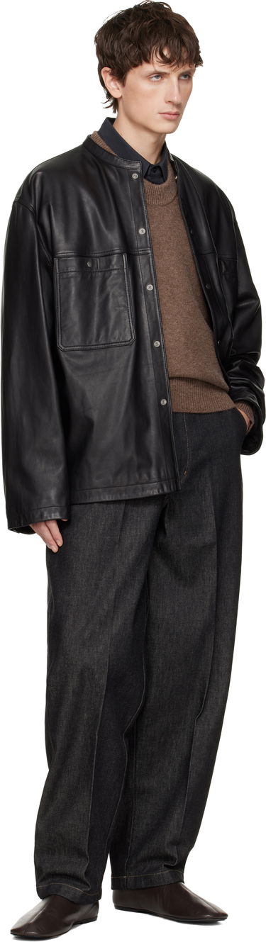 Яке LEMAIRE LEMAIRE Collarstand Leather Snap-Front Overshirt with Flap Pockets Черно | OV1028 LL0142, 3