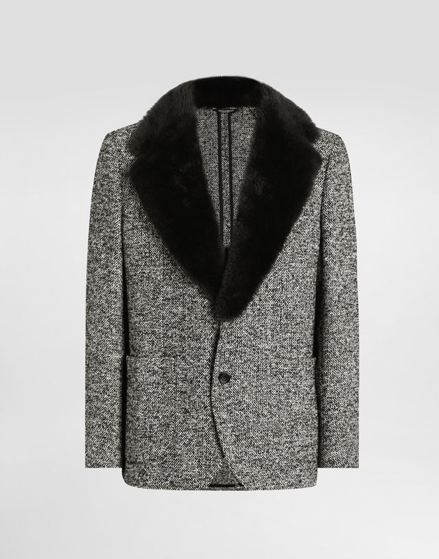 Dolce & Gabbana Single-Breasted Dotted Wool Jacket with Fur Collar