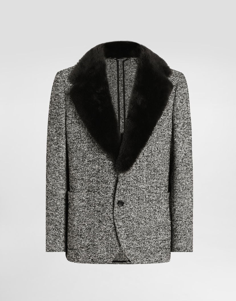 Яке Dolce & Gabbana Dolce & Gabbana Single-Breasted Dotted Wool Jacket with Fur Collar Сиво | G2VJ9ZFMZAKS8030