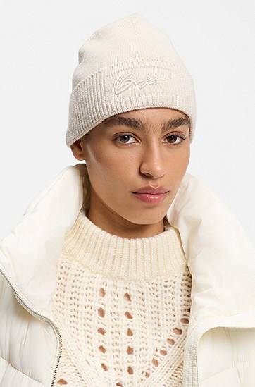 Шапка BOSS Knitted beanie hat with embroidered logo Бяло | 50558673, 1