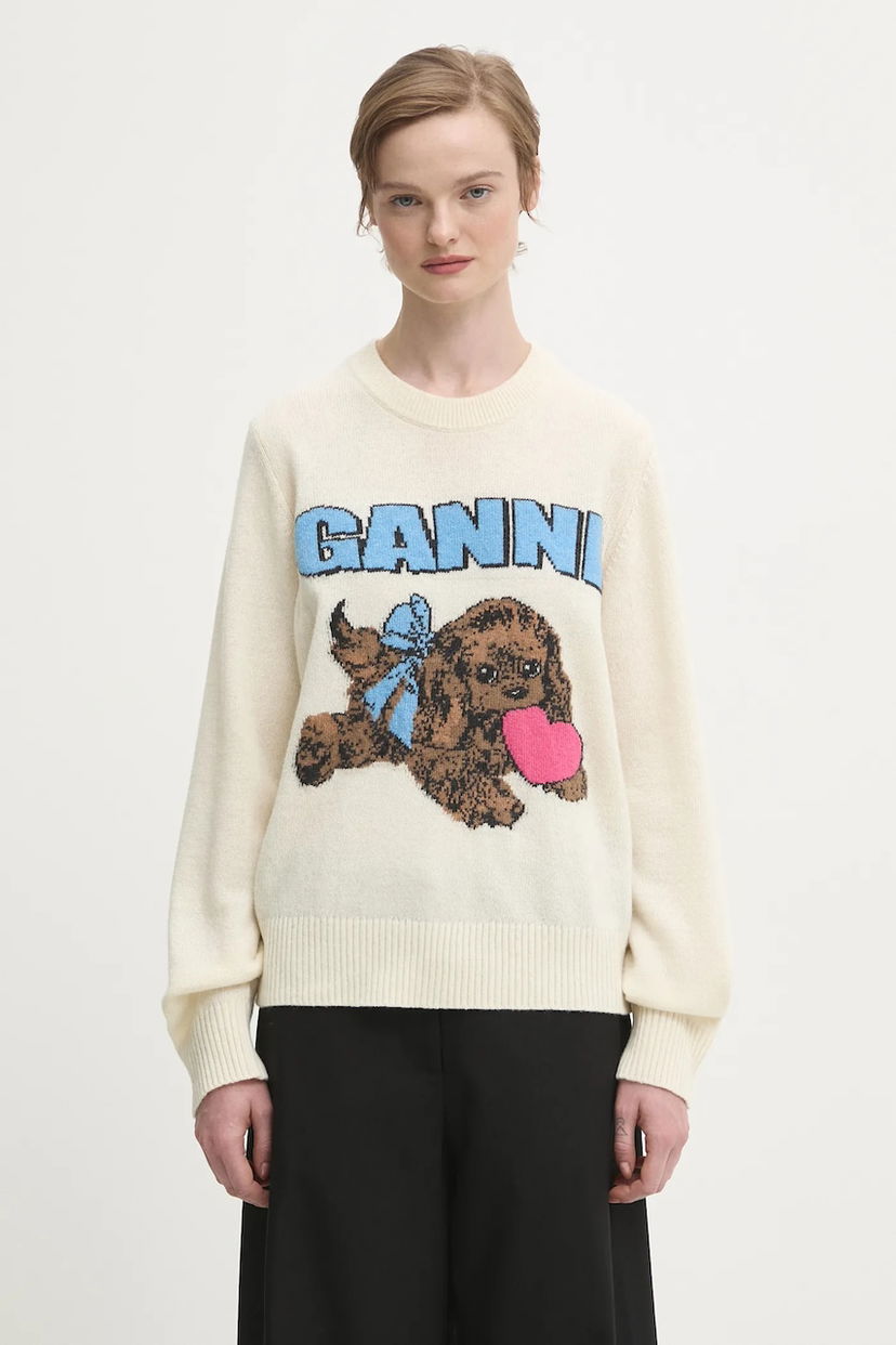 Пуловер GANNI Wool Mix Graphic Fluffy Puppy Love Sweater Многоцветен | K2562