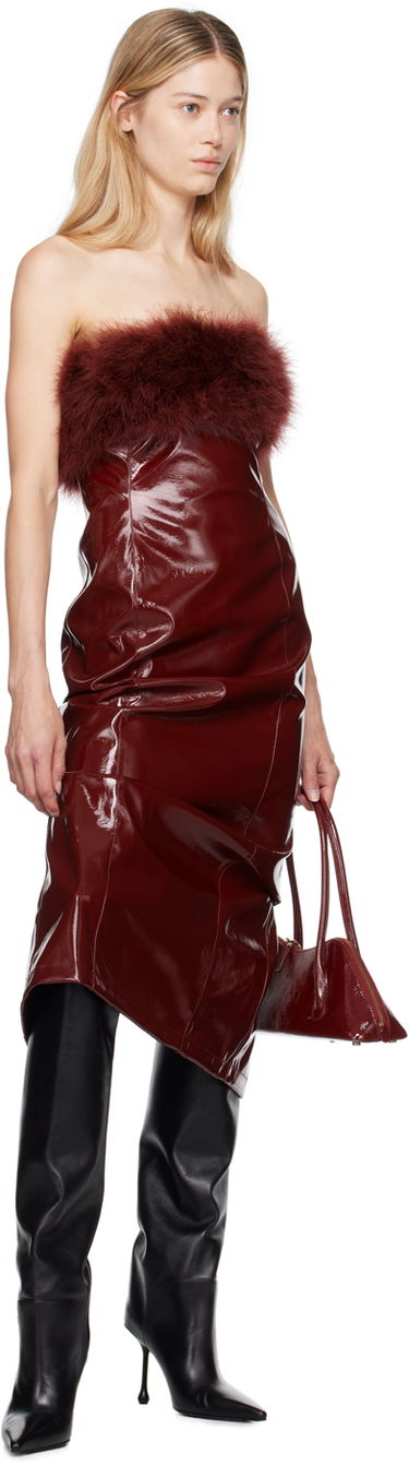 Pокля Blumarine Feather Trim Faux-Leather Midi Dress Бургунди | A422A481A, 3