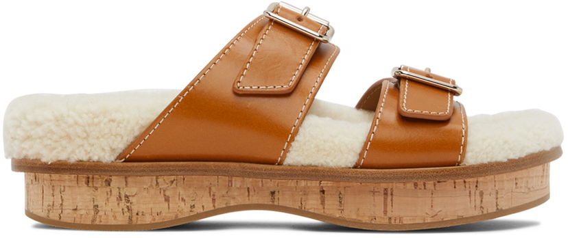 Кецове и обувки CHLOÉ Chloé Marah Shearling Cork Platform Mules Кафяво | CHC22A679AK